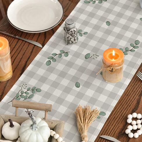 Artoid Mode Orange Buffalo Plaid Pumpkin Eucalyptus Leaves Fall Table Runner, Autumn Thanksgiving Kitchen Dining Table Decoration for Home Party Decor 13x72 Inch in Saudi Arabia