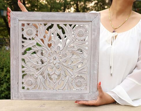 DharmaObjects Handcrafted Lotus Wood Wall Panel Decor Hanging Art 16" X 16" (Black) in Kuwait