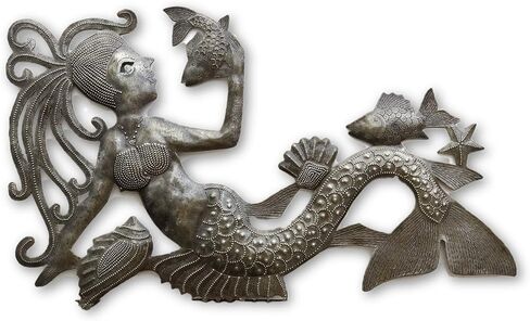 ديكور حائط بحري، حورية البحر تتحدث مع الأسماك، لوحات الحياة الختمية المزخرفة، للاستخدام الداخلي والخارجي، مصنوعة يدويًا 17 × 10 بوصة in Kuwait