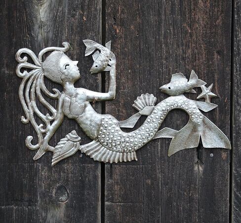 ديكور حائط بحري، حورية البحر تتحدث مع الأسماك، لوحات الحياة الختمية المزخرفة، للاستخدام الداخلي والخارجي، مصنوعة يدويًا 17 × 10 بوصة in Kuwait