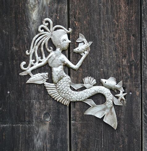 ديكور حائط بحري، حورية البحر تتحدث مع الأسماك، لوحات الحياة الختمية المزخرفة، للاستخدام الداخلي والخارجي، مصنوعة يدويًا 17 × 10 بوصة in Kuwait