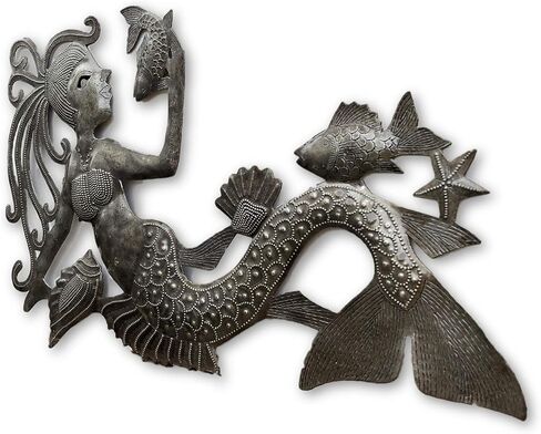 ديكور حائط بحري، حورية البحر تتحدث مع الأسماك، لوحات الحياة الختمية المزخرفة، للاستخدام الداخلي والخارجي، مصنوعة يدويًا 17 × 10 بوصة in Kuwait