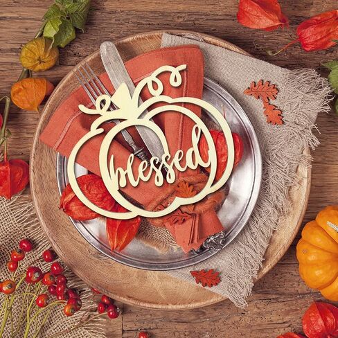 Yookeer 12 Pcs Thanksgiving Pumpkin Wooden Plate Decor Fall Thankful Grateful Blessed Place Card Settings Table Decor Thanksgiving Decorations Ideas Rustic Letter Sign(Natural Style) in Kuwait