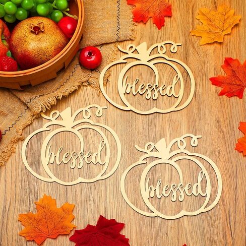 Yookeer 12 Pcs Thanksgiving Pumpkin Wooden Plate Decor Fall Thankful Grateful Blessed Place Card Settings Table Decor Thanksgiving Decorations Ideas Rustic Letter Sign(Natural Style) in Kuwait