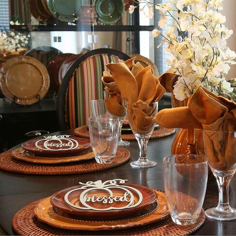 Yookeer 12 Pcs Thanksgiving Pumpkin Wooden Plate Decor Fall Thankful Grateful Blessed Place Card Settings Table Decor Thanksgiving Decorations Ideas Rustic Letter Sign(Natural Style) in Kuwait