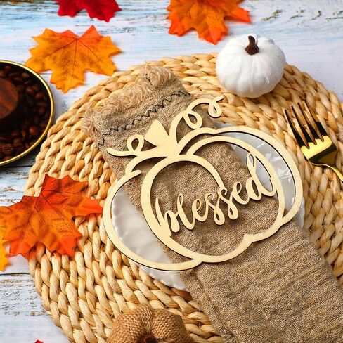 Yookeer 12 Pcs Thanksgiving Pumpkin Wooden Plate Decor Fall Thankful Grateful Blessed Place Card Settings Table Decor Thanksgiving Decorations Ideas Rustic Letter Sign(Natural Style) in Kuwait