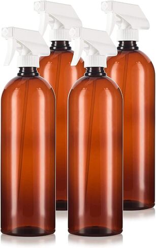 Amber 32 oz Large Boston Round PET Plastic Bottles (BPA Free) with White Heavy Duty Industrial Trigger Sprayer (4 pack) in Saudi Arabia