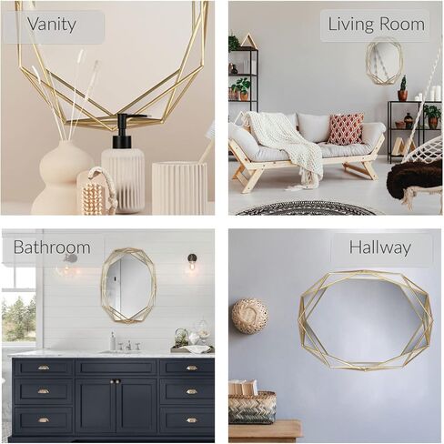 Mirrorize، مرآة سداسية ذهبية مؤطرة مقاس 22x17، مرآة حائط بإطار معدني حديث معلق بشكل هندسي لغرفة نوم مدخل الحمام (IMP8449) in Kuwait