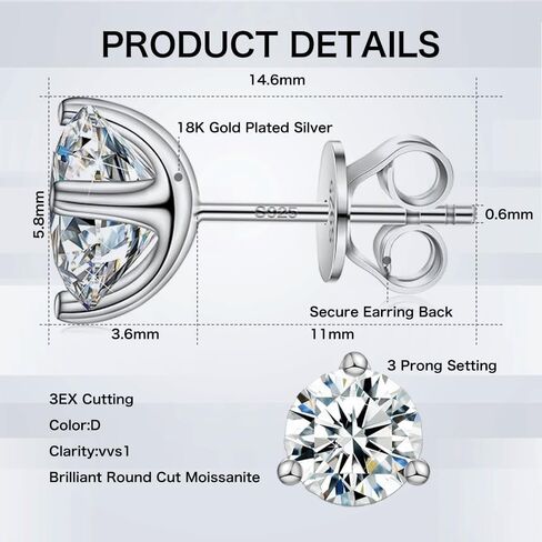 Moissanite Stud Earrings for Men Women 18K White Gold Plated 925 Sterling Silver Earrings Men VVS Gemstones Hypoallergenic for Wedding Party Gift Jewelry 0.5ct/1.0ct in Saudi Arabia