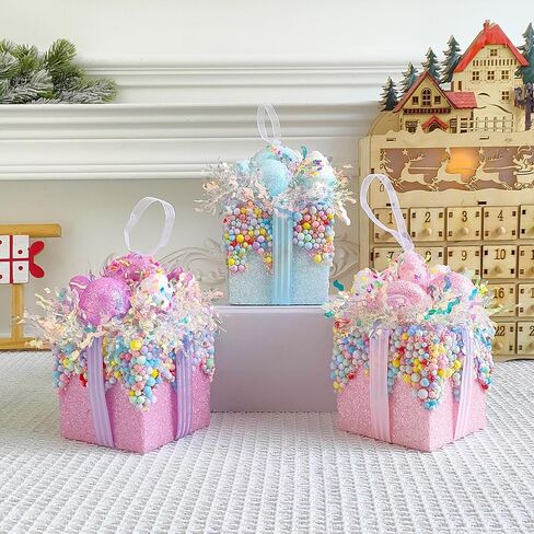 Christmas Tree Gift Box Hanging Ornaments 3pcs Pastel Macaron Sweet Foam Gift Box Hanging Christmas Tree Ornament for Indoor Outdoor Xmas Holiday Decor in Saudi Arabia