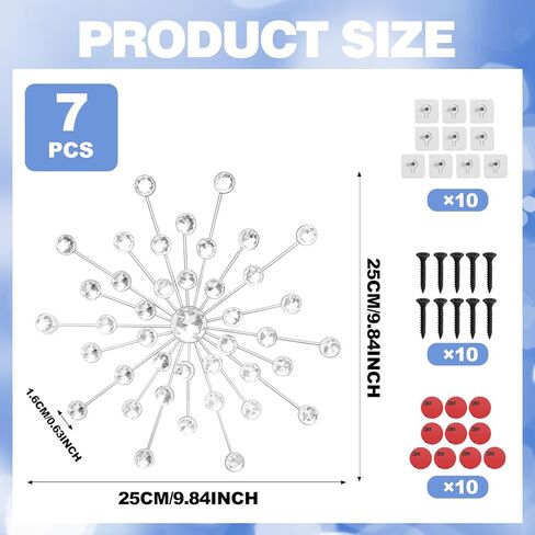 7 قطع من أحجار الراين المعدنية Sunburst Diamond لتزيين الحائط الفضي والكريستال لتزيين المنزل بدون ثقب حجر الراين لتزيين الحائط لغرفة المعيشة ومدخل غرفة النوم 9.84 بوصة in Kuwait