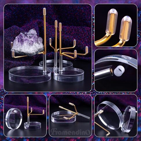 Framendino, 3 Pack Clear Acrylic Display Easel Stand Holder Base with Adjustable Metal Arms for Gemstones Fossils Minerals Agate Slabs Plates Collectibles (3 Round Size) in Saudi Arabia