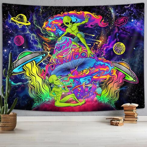 Blacklight مضحك الغريبة نسيج، الأشعة فوق البنفسجية رد الفعل Trippy الفضاء الغريبة الفطر الهبي المفروشات الجمالية، لطيف بارد الغريبة UFO الكون كوكب مخدر Blacklight نسيج للرجال الأولاد غرفة نوم 40X30IN in Kuwait