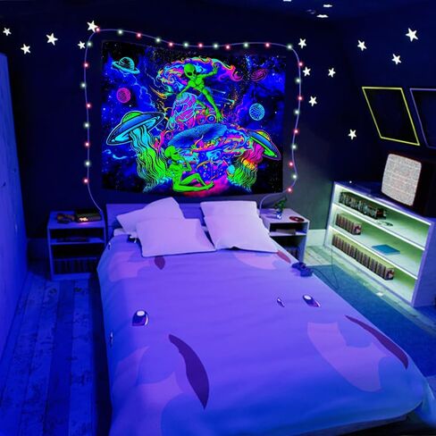 Blacklight مضحك الغريبة نسيج، الأشعة فوق البنفسجية رد الفعل Trippy الفضاء الغريبة الفطر الهبي المفروشات الجمالية، لطيف بارد الغريبة UFO الكون كوكب مخدر Blacklight نسيج للرجال الأولاد غرفة نوم 40X30IN in Kuwait
