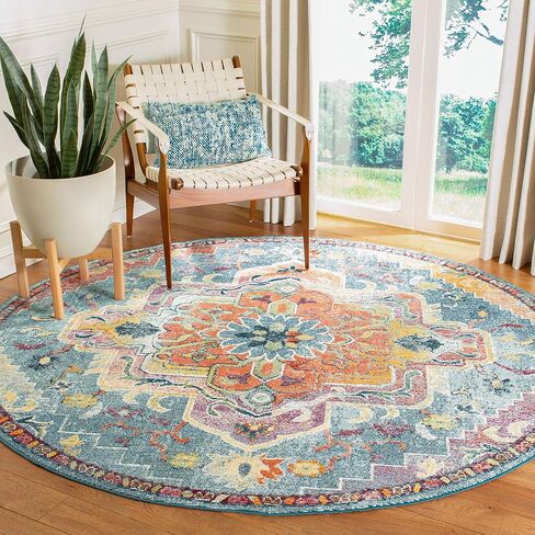 SAFAVIEH Crystal Collection Area Rug - 5' Round, Teal & Orange, Medallion Distressed Design, Non-Shedding & Easy Care, Ideal for High Traffic Areas in Living Room, Bedroom (CRS501J) in Saudi Arabia
