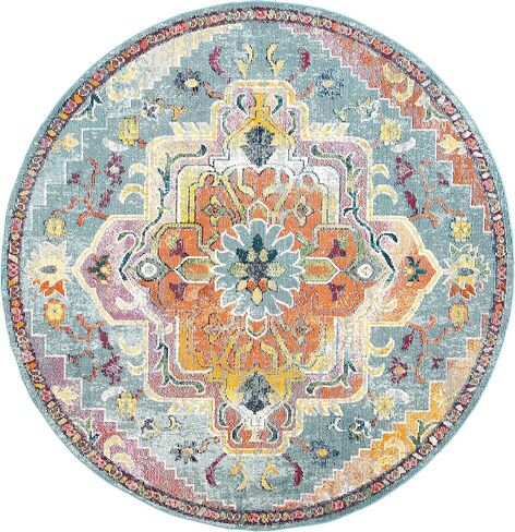 SAFAVIEH Crystal Collection Area Rug - 5' Round, Teal & Orange, Medallion Distressed Design, Non-Shedding & Easy Care, Ideal for High Traffic Areas in Living Room, Bedroom (CRS501J) in Saudi Arabia