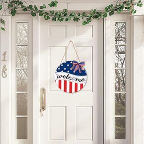 4th/Fourth of July Decorations Welcome Wreath - Red White and Blue Sign with Bow, Patriotic Memorial Day Decor for Front Door/Porch/Home/Wall/Outside(No Pre-tied bow)