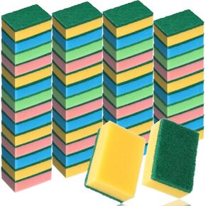 Patelai 100 Pcs Heavy Duty Cleaning Scrub Sponges for Kitchen Abrasive Scrubber Sponge One Scouring Scrubbing One Absorbent Dish Sponge Dishwashing Sponge for Washing Dishes Kitchen, Assorted Colors