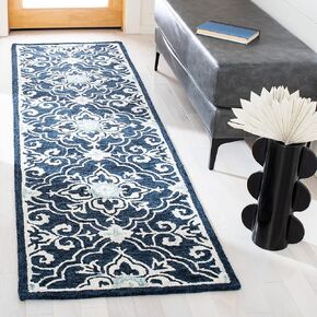SAFAVIEH Roslyn Collection Runner Rug - 2'3" x 6', Navy & Light Blue, Handmade Floral Wool, Ideal for High Traffic Areas in Living Room, Bedroom (ROS603N)