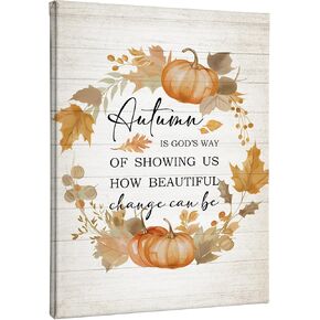TLESKE Rustic Fall Farmhouse Wall Art Decor, Pumpkins Leaves Canvas Wall Art Prints for Farmhouse Living Room Bedroom, Autumn is God's Way Thanksgiving Wall Artwork Picture Painting Framed, 11x14in