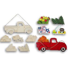Holiday Wood Truck DIY Sign with Interchangable Pieces for Spring, Summer, Fall, Christmas, and 4th of July - Unfinished