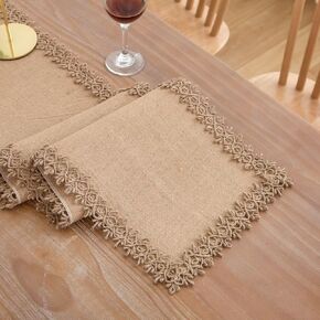 LIGICKY Natural Burlap Table Runners 48 Inches Farmhouse Rustic Jute Woven Macrame Table Runner for Dresser Wedding Home Dining Table Decor 12x48 inch, Brown