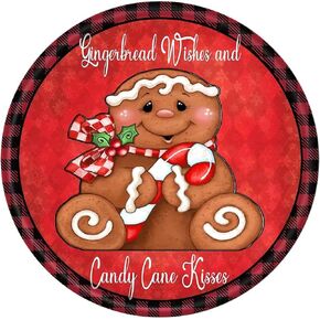 Round Metal Tin Sign Rustic Wall Decor Wall Plaque Gingerbread Wishes and Candy Cane Kisses Wreath Sign,Suitable for Home Garden Kitchen Bar Cafe Restaurant Garage Wall Decor Retro Vintage 12x12 Inch