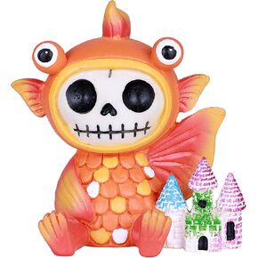SUMMIT COLLECTION Furrybones Demekin Signature Skeleton in Bulging Eyed Gold Fish Costume with a Miniature Rainbow Castle