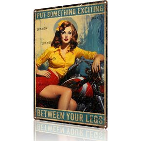 Retro Art Tin Sign Motorcycle Pinup Girl Put Something Exciting Metal Tin Signs Reproduction Vintage Wall Decor Retro Art Tin Sign Funny Decorations 8.00"x12.00"