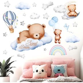 Tedy Bear Sleeping Wall Decals - Moon and Stars Hot Air Balloon Wall Stickers - Girls Bedroom Baby Nursery Kids Room Wall Decor