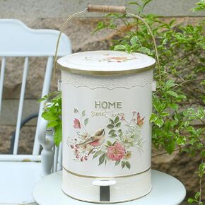Z&Z ornamentorum Retro Kitchen Trash Can with Lid 10Liter/2.7Gallon and Pedal Round Touchless Garbage Cans with Flower and Bird Patterns Outdoor Trash Can for Kitchen Park Garden Gold Flower