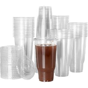 [50 Count] 32 oz Plastic Cups with Lids,50 sets Oversized Disposable Clear Cups Great for Smoothie, Iced Coffee,Milkshake& Any Cold Drinks