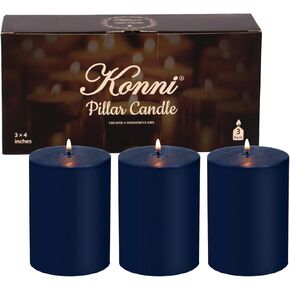 KONNI Navy Blue Pillar Candles Set of 3, 3"x 4" Unscented Pillar Candles Bulk, 39 Hours Long Burning Candles, Smokeless&Dripless Large Round Candle for Wedding, Home Decoration, Parties, Spas, Dinner