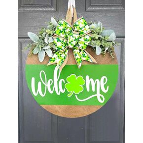 St. Patrick's Day Welcome Wreath Sign, St. Patrick's Day Decorations for Front Door, Wooden Hanging Welcome Sign with Bow and Shamrocks for Holiday Rustic Farmhouse Outdoor Wall Window Decor (Welcome)