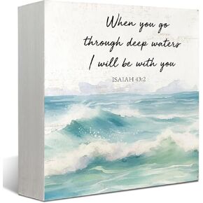 Mtrgdn Bible Verse Christian Wood Signs for Home Decor - Christian Desk Decor, Christian Home Room Decor, 43:2 When You Go Through Deep Waters I Will Be with You Isaiah 5x5
