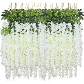 Artificial Wisteria Hanging Flowers, 24pack Fake Hanging Flowers White Wisteria Vine Ratta Hanging Garland Silk Flowers for Wedding Arch Party Garden Home Decor