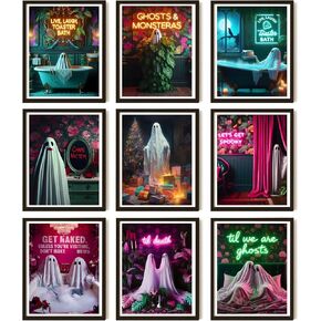 9Pcs Halloween Ghosts Canvas Wall Art Fashion Funny Gothic Romantic Couple Cute Ghost Wall Decor Pictures Retro Horror Creepy Dark Academia Posters Prints for Gallery Street Bar Home Decor Unframed