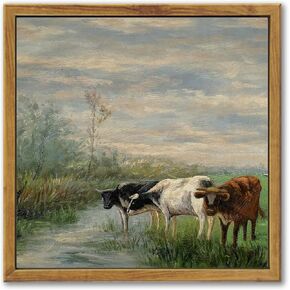 KUVIOKE Vintage Framed Landscape Canvas Wall Art Cow Farm Classic Wall Prints Modern Farmhouse Bathroom Office Decor - 10"x10" Natural Framed