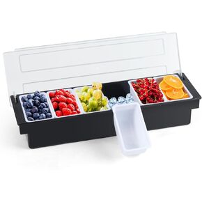 Ice Cooled Condiment Serving Container, Versatile 6-Compartment Fruit Caddy with Lid - Bar Garnish Tray and Condiment Server with Ice Tray for Restaurant Supplies