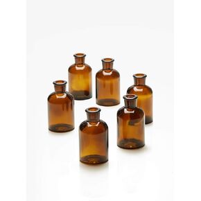 Serene Spaces Living Dark Amber Medicine Bottle Bud Vases, Apothecary Jars, Decorative Glass Bottles, Centerpiece for Wedding Reception, Mini Flower Vases, Set of 6, 6.25" Tall & 3.25" in Diameter