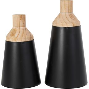 Deco 79 Wood Decorative Vase Triangular Colorblock Centerpiece Vases with Light Brown Wood Tops, Set of 2 Vases for Home Decoration 12", 10" H, Black