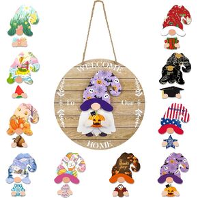 Interchangeable Welcome Sign Wooden Gnome Decoration for Front Door with 20 Removable Accessories forSpring Summer Fall Winter Halloween Christmas (WELCOME)