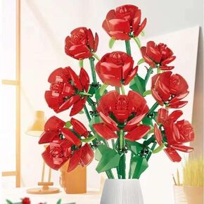 Set of 9 Red Rose Building Blocks - Flowers Brick Kit, Creative Home Decor, Birthday Present - Artificial Roses Bouquet Arrangement