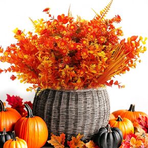 16 Bundles Artificial Fall Flowers Outdoor,No Fade Fake Plastic Flowers Mums, Faux Autumn Plants for Hanging Planters Outside Garden Porch Window Box Home Wedding Thanksgiving Decor (Orange Mixed)