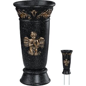 Cemetery Grave Vase, Resin Angel Memorial Vase Cemetery Flower Holder with Metal Spikes and Draining Hole for Cemetery Headstones Gravesites Memorial Grave Decorations (2, Black)