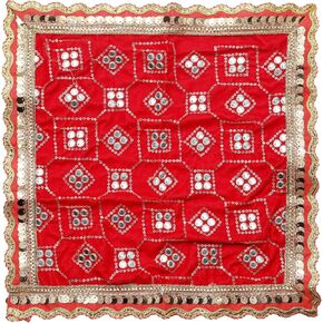 Red Velvet Pooja Cloth Mat Aasan Decorative Cloth Sequence Work (Size:- 14 Inches X 14 Inches) Multipurpose Pooja Indian Traditional Cultural Festival New Year Decorations Item & Article