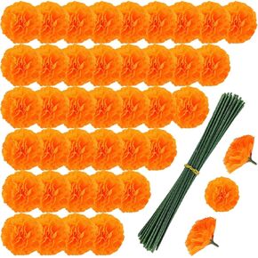 Veramz 50Pcs Marigold Flowers Dia De Los Muertos Decorations Silk Marigold Flowers Heads Bulk Fake Artificial Flowers for Day of The Dead Decorations DIY Marigold Garland Making Wreath Decor