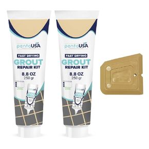 PentaUSA Grout - Premixed Grout Repair Set, 8.8 oz, 2 Pack Tile Grout Tubes, Repairs and Renews Tile Grout in Bathroom and Kitchen, Odorless and Safe Formula - 2 Pack (Beige)