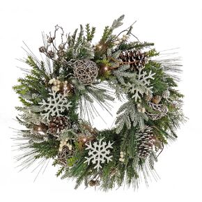 HGTV Home Collection Pre Lit Artificial Christmas Wreath, Mixed Branch Tips, Decorated with Pinecones, Berries, Snowflakes and Ornaments, Battery Powered, 28 Inches