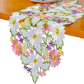 Spring Daisy Table Runners Embroidered Flowery Applique Floral Cutwork Table Linen for Home Decoration (13 X 69 Inch)